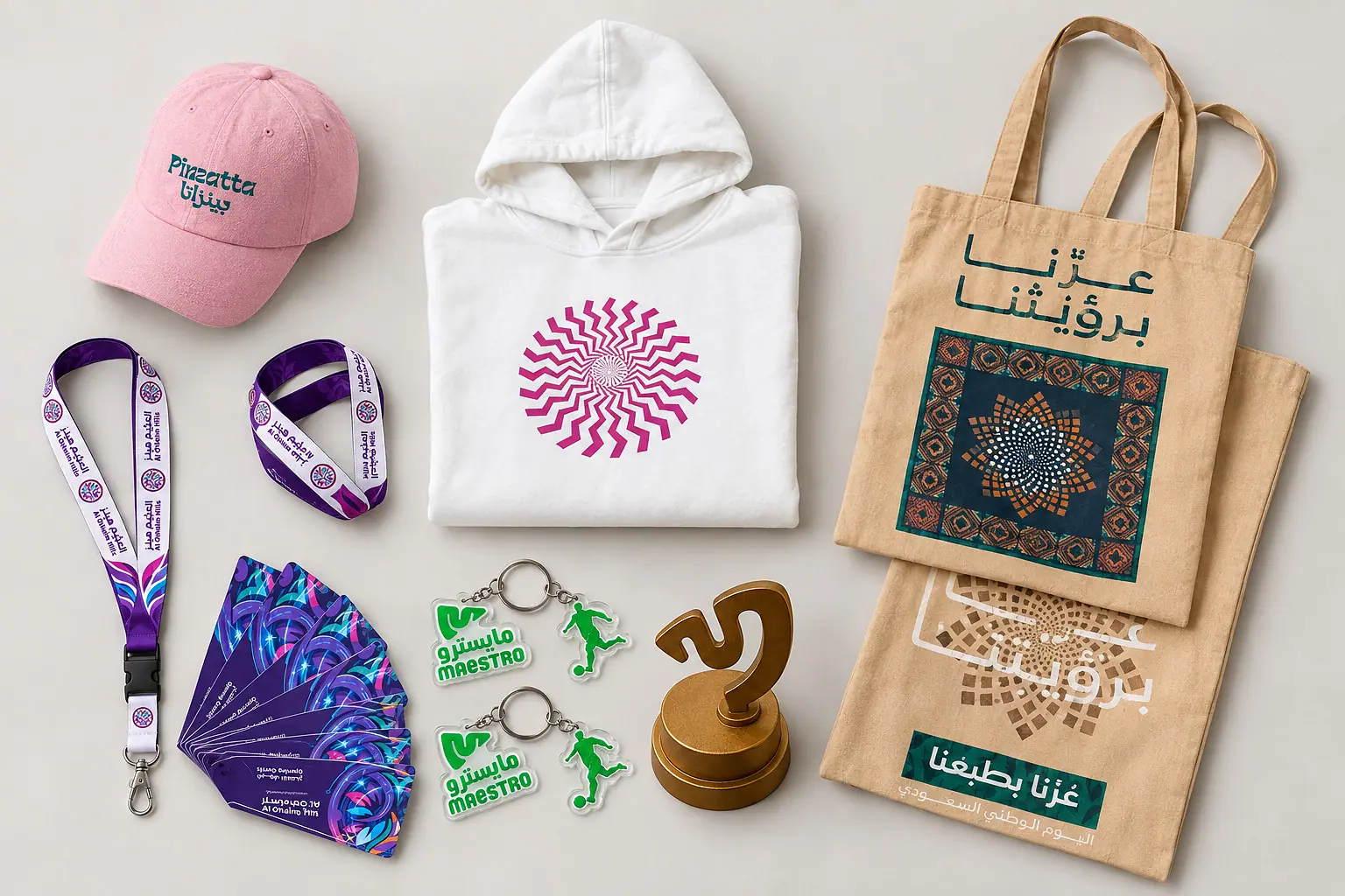 Merchandise BreezNord produced, laid out together: a Pinzatta cap, a hoodie with a sun print, printed lanyards, Maestro Pizza keychains, event cards, a logo trophy and National Day tote bags